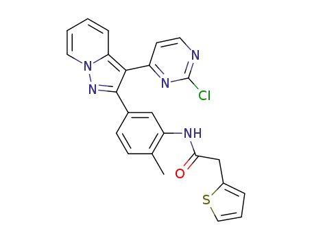 Molecular Structure of 941319-33-1 (N-{5-[3-(2-chloro-4-pyrimidinyl)pyrazolo[1,5-a]pyridin-2-yl]-2-methylphenyl}-2-(2-thienyl)acetamide)