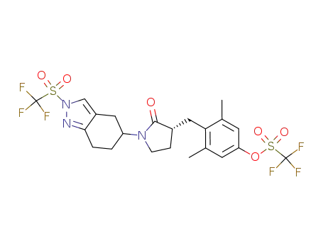 Molecular Structure of 955406-35-6 (trifluoro-methanesulfonic acid 3,5-dimethyl-4-[(R)-2-oxo-1-(2-trifluoromethanesulfonyl-4,5,6,7-tetrahydro-2H-indazol-5-yl)-pyrrolidin-3-ylmethyl]-phenyl ester)