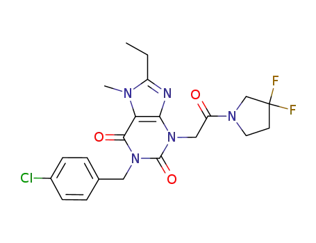 Molecular Structure of 1073238-43-3 (1-(4-chlorobenzyl)-3-[2-(3,3-difluoropyrrolidin-1-yl)-2-oxoethyl]-8-ethyl-7-methyl-3,7-dihydro-1H-purine-2,6-dione)