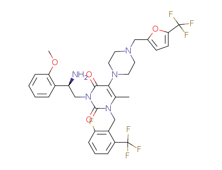 (R)-3-(2-amino-2-(2-methoxyphenyl)ethyl)-1-(2-fluoro-6-(trifluoromethyl)benzyl)-6-methyl-5-(4-((5-(trifluoromethyl)furan-2-yl)methyl)piperazin-1-yl)pyrimidine-2,4(1H,3H)-dione