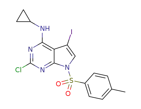 Molecular Structure of 1192711-34-4 (2-chloro-N-cyclopropyl-5-iodo-7-tosyl-7H-pyrrolo[2,3-d]pyrimidin-4-amine)