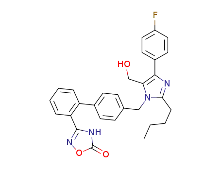 Molecular Structure of 1313233-49-6 (3-[4'-[{2-butyl-4-(4-fluorophenyl)-5-(hydroxymethyl)-1H-imidazol-1-yl}methyl]biphenyl-2-yl]-1,2,4-oxadiazol-5(4H)-one)