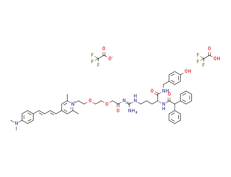 Molecular Structure of 1310327-62-8 (1-((R)-9-amino-4-(2,2-diphenylacetamido)-1-(4-hydroxyphenyl)-3,11-dioxo-13,16-dioxa-2,8,10-triazaoctadec-9-en-18-yl)-4-((1E,3E)-4-(4-(dimethylamino)phenyl)buta-1,3-dienyl)-2,6-dimethylpyridinium hydrotrifluoroacetate trifluoroacetate)