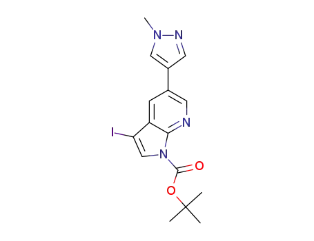 Molecular Structure of 1093676-94-8 (1H-Pyrrolo[2,3-b]pyridine-1-carboxylic acid, 3-iodo-5-(1-methyl-1H-pyrazol-4-yl)-, 1,1-dimethylethyl ester)