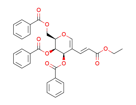 Molecular Structure of 1321624-06-9 ((2R,3R,4R)-2-(benzoyloxymethyl)-5-((E)-3-ethoxy-3-oxoprop-1-enyl)-3,4-dihydro-2H-pyran-3,4-diyl dibenzoate)