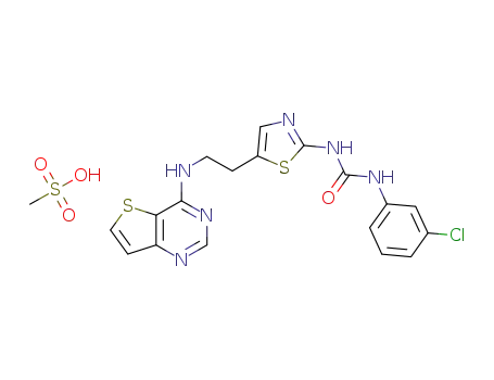 Molecular Structure of 1146618-41-8 (N-(3-Chlorophenyl)-N'-[5-[2-(thieno[3,2-d]pyrimidin-4-ylamino)ethyl]-2-thiazolyl]urea methanesulfonate (1:1))