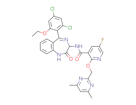 Molecular Structure of 1351764-56-1 (N-(5-(2,4-dichloro-6-ethoxyphenyl)-2-oxo-2,3-dihydro-1H-benzo[e][1,4]diazepin-3-yl)-2-((4,6-dimethylpyrimidin-2-yl)methoxy)-5-fluoronicotinamide)