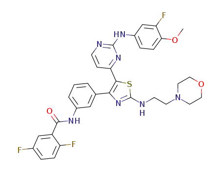 Molecular Structure of 1160623-91-5 (2,5-difluoro-N-(3-(5-(2-((3-fluoro-4-(methyloxy)phenyl)amino)-4-pyrimidinyl)-2-((2-(4-morpholinyl)ethyl)amino)-1,3-thiazol-4-yl)phenyl)benzamide)