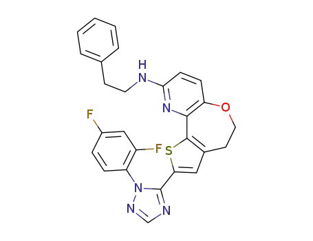 Molecular Structure of 1282524-09-7 ({2-[2-(2,4-Difluoro-phenyl)-2H-[1,2,4]triazol-3-yl]-4,5-dihydro-6-oxa-1-thia-10-aza-benzo[e]azulen-9-yl}-phenethyl-amine)