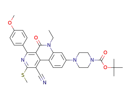 Molecular Structure of 1403501-24-5 (tert-butyl 4-(1-cyano-6-ethyl-4-(4-methoxyphenyl)-2-(methylthio)-5-oxo-5,6-dihydrobenzo[c][2,7]naphthyridin-8-yl)piperazine-1-carboxylate)
