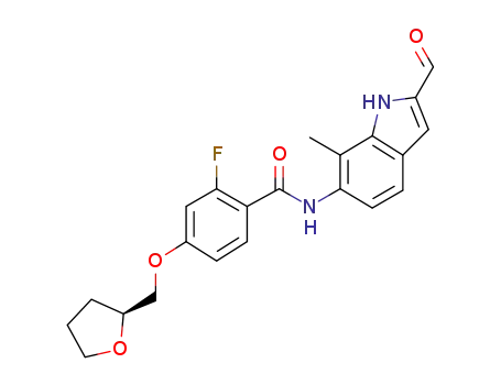 Molecular Structure of 1314128-61-4 (2-fluoro-N-(2-formyl-7-methyl-1H-indol-6-yl)-4-[(2S)-tetrahydrofuran-2-ylmethoxy]benzamide)