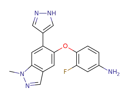 Molecular Structure of 1206800-67-0 (3-fluoro-4-(1-methyl-6-(1H-pyrazol-4-yl)-1H-indazol-5-yloxy)aniline)