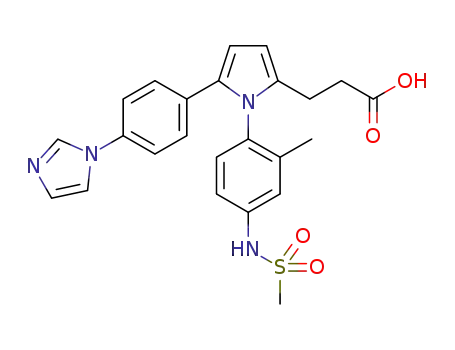 Molecular Structure of 1208316-15-7 (3-(5-(4-(1H-imidazol-1-yl)phenyl)-1-(2-methyl-4-(methylsulfonamido)phenyl)-1H-pyrrol-2-yl)propanoic acid)