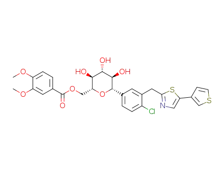 Molecular Structure of 1352714-66-9 (((2R,3S,4R,5R,6S)-6-(4-chloro-3-((5-(thiophen-3-yl)thiazol-2-yl)methyl)phenyl)-3,4,5-trihydroxy-tetrahydro-2H-pyran-2-yl)methyl 3,4-dimethoxybenzoate)