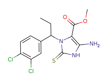 Molecular Structure of 876315-07-0 (1H-Imidazole-4-carboxylic acid,
5-amino-3-[1-(3,4-dichlorophenyl)propyl]-2,3-dihydro-2-thioxo-, methyl
ester)