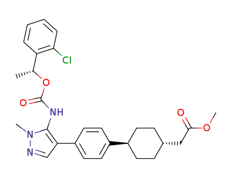 Molecular Structure of 1402466-04-9 (methyl 2-((1r,4r)-4-(4-(5-(((R)-1-(2-chlorophenyl)ethoxy)carbonylamino)-1-methyl-1H-pyrazol-4-yl)phenyl)cyclohexyl)acetate)