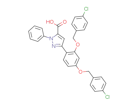 Molecular Structure of 821780-38-5 (1H-Pyrazole-5-carboxylic acid,
3-[2,4-bis[(4-chlorophenyl)methoxy]phenyl]-1-phenyl-)