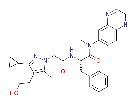 Molecular Structure of 1417556-87-6 ((S)-2-(2-(3-cyclopropyl-4-(2-hydroxyethyl)-5-methyl-1H-pyrazol-1-yl)acetamido)-N-methyl-3-phenyl-N-(quinoxalin-6-yl)propanamide)