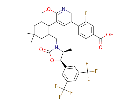 4-(3-(2-(((4S,5R)-5-(3,5-bis(trifluoromethyl)phenyl)-4-methyl-2-oxooxazolidin-3-yl)methyl)-4,4-dimethylcyclohex-1-enyl)-2-methoxypyridin-5-yl)-3-fluorobenzoic acid
