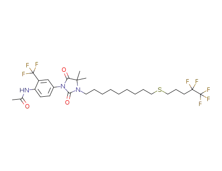 Molecular Structure of 1252643-11-0 (N-[4-(4,4-dimethyl-2,5-dioxo-3-{9-[(4,4,5,5,5-pentafluoropentyl)thio]-nonyl}imidazolidin-1-yl)-2-(trifluoromethyl)phenyl]acetamide)