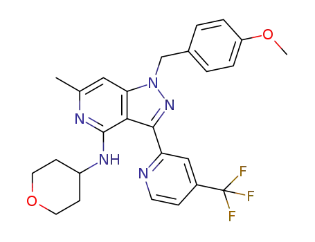 Molecular Structure of 1347759-50-5 (1-(4-methoxybenzyl)-6-methyl-N-(tetrahydro-2H-pyran-4-yl)-3-(4-(trifluoromethyl)pyridin-2-yl)-1H-pyrazolo[4,3-c]pyridin-4-amine)