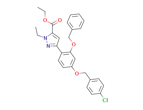 Molecular Structure of 821780-59-0 (1H-Pyrazole-5-carboxylic acid,
3-[4-[(4-chlorophenyl)methoxy]-2-(phenylmethoxy)phenyl]-1-ethyl-, ethyl
ester)