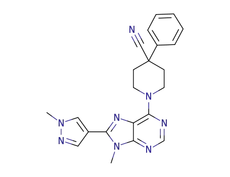 Molecular Structure of 1365607-36-8 (1-[9-methyl-8-(1-methyl-1H-pyrazol-4-yl)-9H-purin-6-yl]-4-phenylpiperidine-4-carbonitrile)