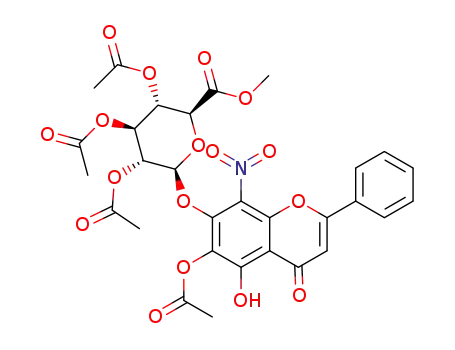 Molecular Structure of 1374218-55-9 (6-acetoxy-7-hydroxyflavon-8-nitro-7-O-(2,3,4-tri-O-acetyl-β-D-glucopyranosiduronsauremethyl ester))