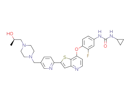Molecular Structure of 1429397-14-7 ((R)-1-cyclopropyl-3-(3-fluoro-4-((2-(5-((4-(2-hydroxypropyl)piperazin-1-yl)methyl)pyridin-2-yl)thieno[3,2-b]pyridin-7-yl)oxy)phenyl)urea)