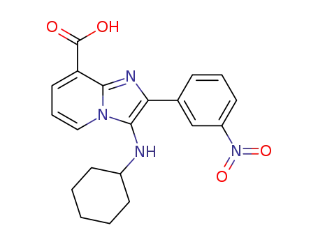 Molecular Structure of 1608494-16-1 (3-(cyclohexylamino)-2-(3-nitrophenyl)imidazo[1,2-a]pyridine-8-carboxylic acid)