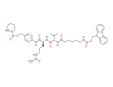 Molecular Structure of 1609108-32-8 (N-(6-{[(9H-fluoren-9-ylmethoxy)carbonyl]amino}hexanoyl)-L-valyl-N<sup>5</sup>-carbamoyl-N-(4-{[(tenahydropyridazin-1(2H)-ylcarbonyl)oxy]methyl}phenyl)-L-ornithinamide)
