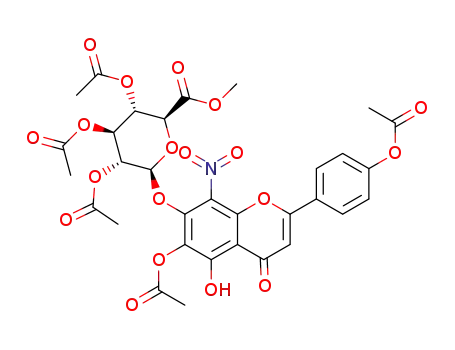 Molecular Structure of 1374218-54-8 (6,4'-diacetoxy-7-hydroxyflavon-8-nitro-7-O-(2,3,4-tri-O-acetyl-β-D-glucopyranosiduronsauremethyl ester))