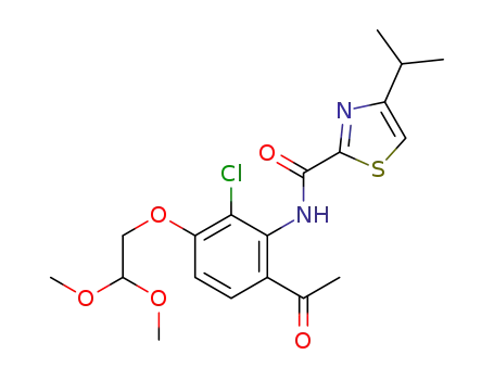 Molecular Structure of 1310551-56-4 (4-Isopropyl-thiazole-2-carboxylic acid [6-acetyl-2-chloro-3-(2,2-dimethoxy-ethoxy)-phenyl]-amide)