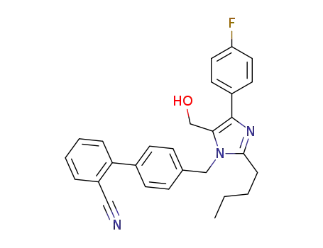 Molecular Structure of 1313233-72-5 (4'-[{2-butyl-4-(4-fluorophenyl)-5-(hydroxymethyl)-1H-imidazol-1-yl}methyl]biphenyl-2-carbonitrile)