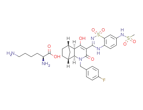 Molecular Structure of 1071519-62-4 (N-{3-[(1R,2S,7R,8S)-3-(4-fluorobenzyl)-6-hydroxy-4-oxo-3-azatricyclo[6.2.1.02,7]undec-5-en-5-yl]-1,1-dioxo-1,4-dihydro-1λ6-benzo[1,2,4]thiadiazin-7-yl}methanesulfonamide L-lysine salt)