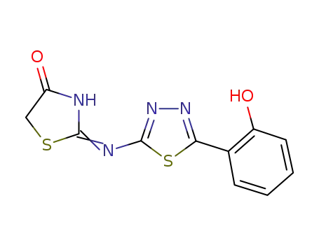 Molecular Structure of 1248828-25-2 (2-[{5-(2-hydroxyphenyl)-[1,3,4]-thiadiazol-2-yl}imino]-1,3-thiazolidin-4-one)