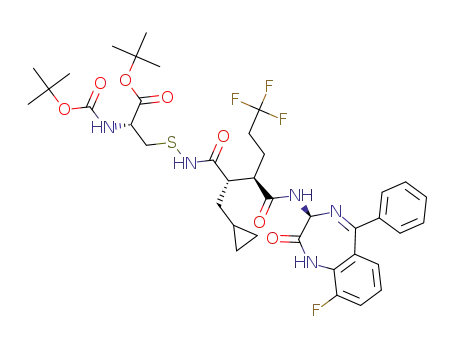 Molecular Structure of 1584715-75-2 ((R)-tert-butyl 2-((tert-butoxycarbonyl)amino)-3-(((2S,3R)-2-(cyclopropylmethyl)-6,6,6-trifluoro-3-(((S)-9-fluoro-2-oxo-5-phenyl-2,3-dihydro-1H-benzo[e][1,4]diazepin-3-yl)carbamoyl)hexanamido)thio)propanoate)