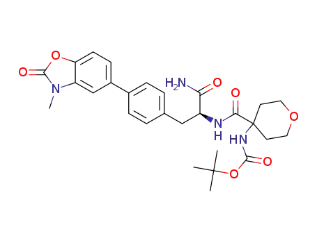 Molecular Structure of 1254319-27-1 ((S)-tert-butyl 4-(1-amino-3-(4-(3-methyl-2-oxo-2,3-dihydrobenzo[d]oxazol-5-yl)phenyl)-1-oxopropan-2-ylcarbamoyl)tetrahydro-2H-pyran-4-ylcarbamate)