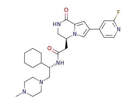 Molecular Structure of 1429925-20-1 (N-[(1S)-1-cyclohexyl-2-(4-methylpiperazin-1-yl)ethyl]-2-[(4S)-7-(2-fluoropyridin-4-yl)-1-oxo-1,2,3,4-tetrahydropyrrolo[1,2-a]pyrazin-4-yl]acetamide)