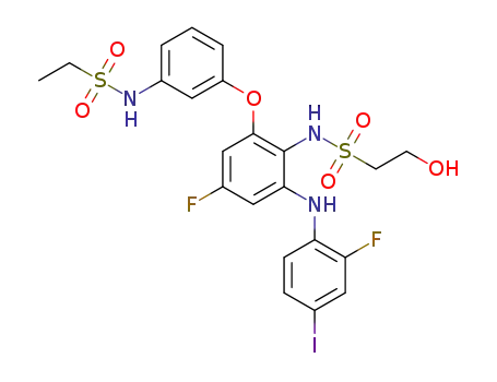 Molecular Structure of 1295575-02-8 (N-(2-{3-[(ethylsulfonyl)amino]phenoxy}-4-fluoro-6-[(2-fluoro-4-iodophenyl)amino]phenyl)-2-hydroxyethanesulfonamide)