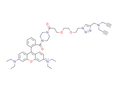 Molecular Structure of 1604837-32-2 (rhodamine B 3-(2-(2-(4-((di(prop-2-yn-1-yl)amino)methyl)-1H-1,2,3-triazol-1-yl)ethoxy)ethoxy)-1-(piperazin-1-yl)propan-1-one)