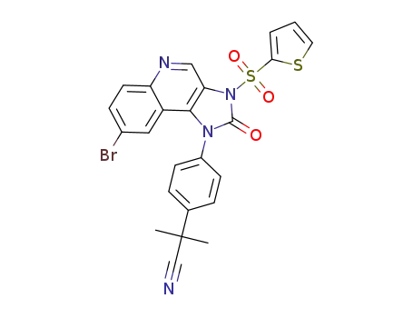 Molecular Structure of 1260167-38-1 (2-(4-(8-bromo-2-oxo-3-(thiophen-2-ylsulfonyl)-2,3-dihydro-1H-imidazo[4,5-c]quinolin-1-yl)phenyl)-2-methylpropanenitrile)