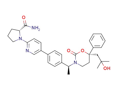 Molecular Structure of 1352753-90-2 ((R)-1-[5-(4-{(S)-1-[(S)-6-(2-hydroxy-2-methyl-propyl)-2-oxo-6-phenyl-[1,3]oxazinan-3-yl]-ethyl}-phenyl)-pyridin-2-yl]-pyrrolidine-2-carboxylic acid amide)