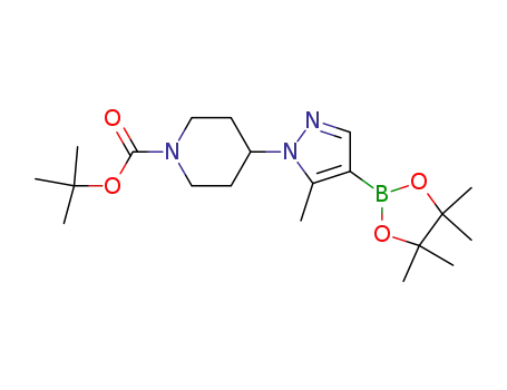 Molecular Structure of 1092563-67-1 (4-[5-methyl-4-(4,4,5,5-tetramethyl-[1,3,2]dioxaborolan-2-yl)-pyrazol-1-yl]-piperidine-1-carboxylic acid tert-butyl ester)