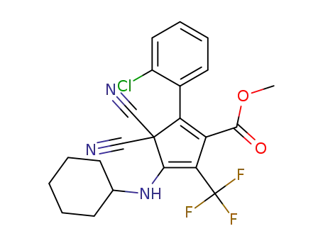 Molecular Structure of 1431657-43-0 (methyl 2-(2-chlorophenyl)-3,3-dicyano-4-(cyclohexylamino)-5-(trifluoromethyl)cyclopenta-1,4-diene carboxylate)