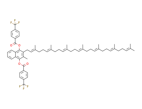 Molecular Structure of 1453189-14-4 (2-((2E,6E,10E,14E,18E,22E)-3,7,11,15,19,23,27-heptamethyloctacosa-2,6,10,14,18,22,26-heptaen-1-yl)-3-methylnaphthalene-1,4-diyl bis(4-(trifluoromethyl)benzoate))