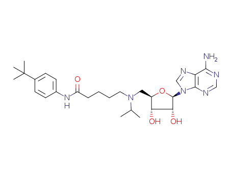 Molecular Structure of 1381763-69-4 (5-((((2R,3S,4R,5R)-5-(6-amino-9H-purin-9-yl)-3,4-dihydroxytetrahydrofuran-2-yl)methyl)(isopropyl)amino)-N-(4-(tert-butyl)phenyl)pentanamide)