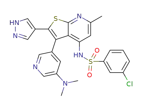 Molecular Structure of 1312593-89-7 (3-chloro-N-[3-[5-(dimethylamino)-3-pyridinyl]-6-methyl-2-(1H-pyrazol-4-yl)thieno[2,3-b]pyridin-4-yl]benzenesulfonamide)