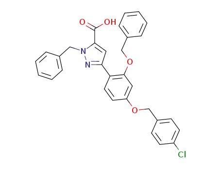 Molecular Structure of 821780-26-1 (1H-Pyrazole-5-carboxylic acid,
3-[4-[(4-chlorophenyl)methoxy]-2-(phenylmethoxy)phenyl]-1-(phenylmeth
yl)-)