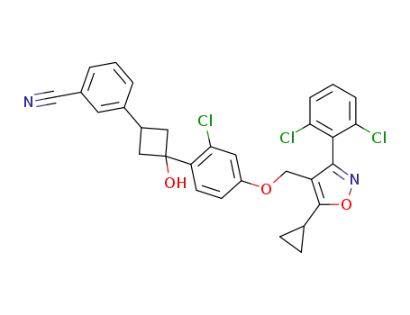 Molecular Structure of 1418274-35-7 (3-(3-Cyanophenyl)-1-(2-chloro-4-((5-cyclopropyl-3-(2,6-dichlorophenyl)isoxazol-4-yl)methoxy)phenyl)cyclobutanol)